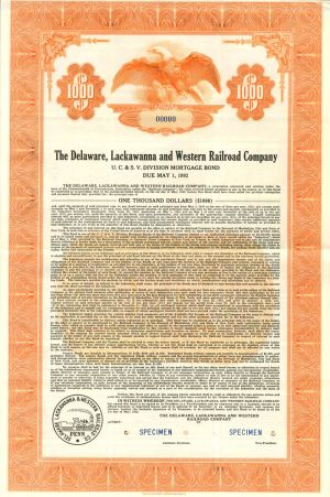 Delaware, Lackawanna and Western Railroad Company, U.C. and S.V. Division Specimen Bond